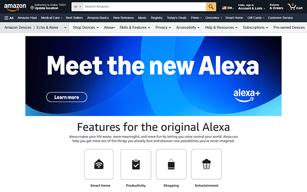 Amazon website page displaying a banner that says "Meet the new Alexa" with a "Learn more" button, and below, sections highlighting best smart home, productivity, and shopping features.