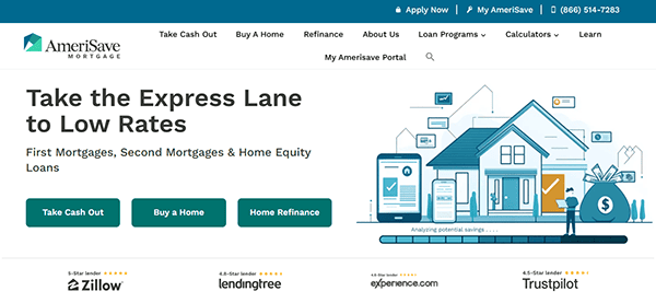 Screenshot of the AmeriSave Mortgage homepage, one of the best mortgage websites, displaying options to take cash out, buy a home, or refinance, with illustrations of a house, money, and financial icons.