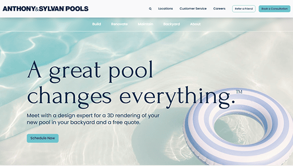 A pool float ring in a clear swimming pool with text promoting Anthony & Sylvan Pools' 3D pool design consultations and scheduling options—discover why they’re among the best pool builders in the industry.