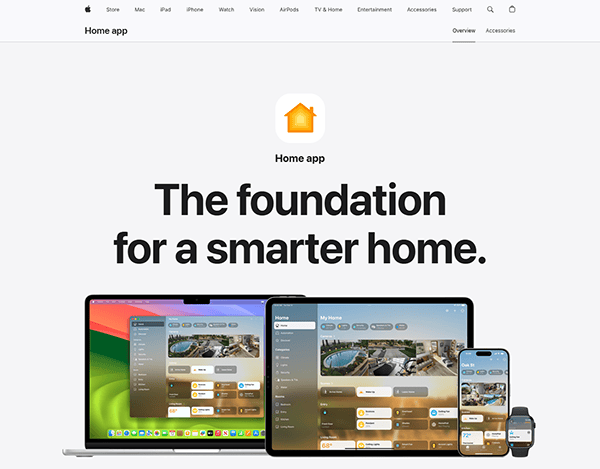 Apple Home app webpage showing the app interface on a MacBook, iPad, iPhone, and Apple Watch, with the text "The foundation for a smarter home"—a standout among the Best Smart Home Websites.