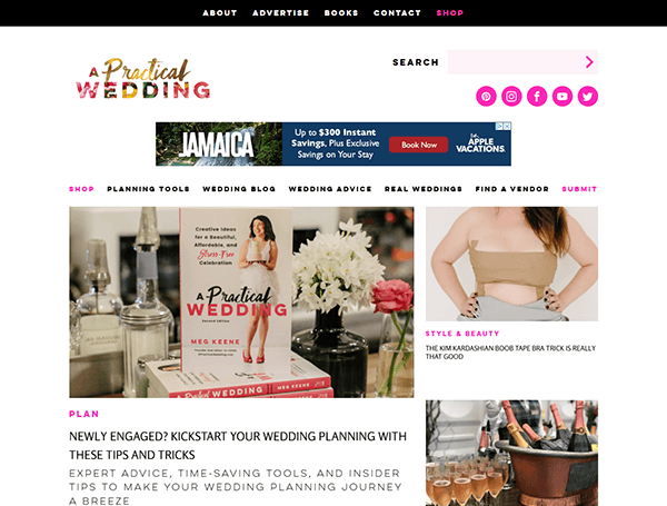 Screenshot of the A Practical Wedding website homepage, featuring navigation links, a wedding planning book, a search bar, and articles with images—offering inspiration and ideas found on some of the best wedding websites.