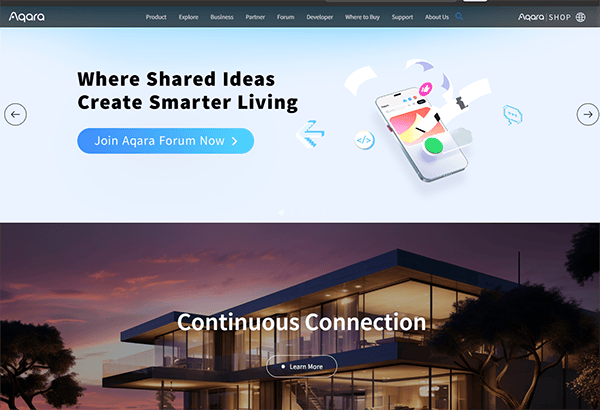 A website homepage featuring the text "Where Shared Ideas Create Smarter Living," a "Join Aqara Forum" button, and images of smart home devices on a blue and white background—perfect inspiration for the best smart home websites.