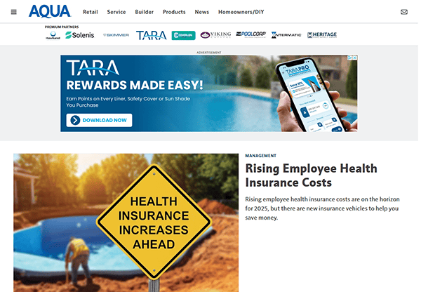 A webpage features an article titled "Rising Employee Health Insurance Costs" with a yellow road sign reading "Health Insurance Increases Ahead" next to a swimming pool, resembling the sleek look of top pool builder websites.