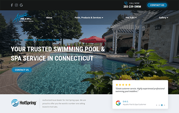 Outdoor swimming pool and patio area with trees and umbrellas, featured on a pool builder website for a Connecticut pool and spa service company. A customer review and contact buttons are visible.