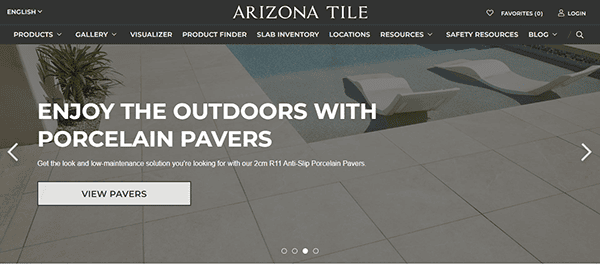 Porcelain pavers on a patio beside a pool, with two lounge chairs; website banner promoting outdoor tile design products from Arizona Tile, one of the best tile websites for your project.