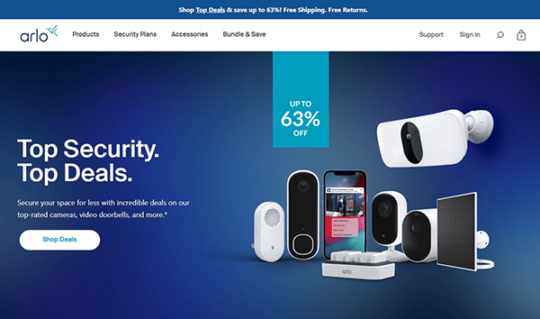 Arlo website homepage showcasing the Best Smart Home security cameras, video doorbell, solar panel, phone with app, and a banner advertising up to 63% off on security products.
