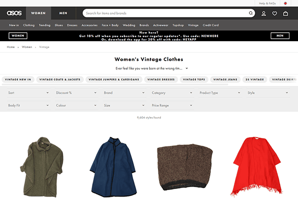 Screenshot of the ASOS website featuring a curated selection from one of the best vintage clothing websites, showcasing women’s vintage fashion—coats, a jumper, and a red poncho—with filters to sort and refine your search results.
