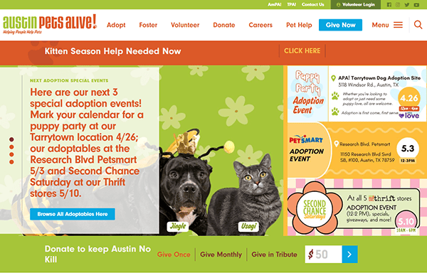 Austin Pets Alive! website homepage showcasing pet adoption event details, a banner about kitten season help, and photos of two dogs labeled Jingle and Usagi—highlighting one of the best pet adoption websites in Austin.