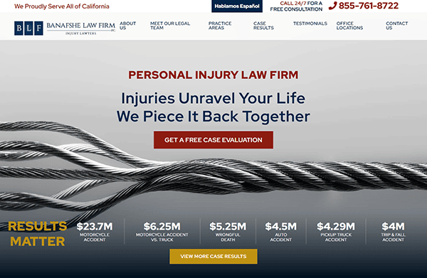 Screenshot of a personal injury law firm’s website—one of the best personal injury websites—featuring a split wire rope, firm contact details, and recent case results with settlement amounts.