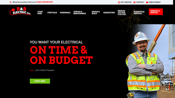 B&B Electric's homepage, ideal for those seeking the best industrial electrician, showcases the slogan "On Time & On Budget" with a smiling construction worker in a safety vest and hard hat. Explore our top-notch navigation options above to discover more.