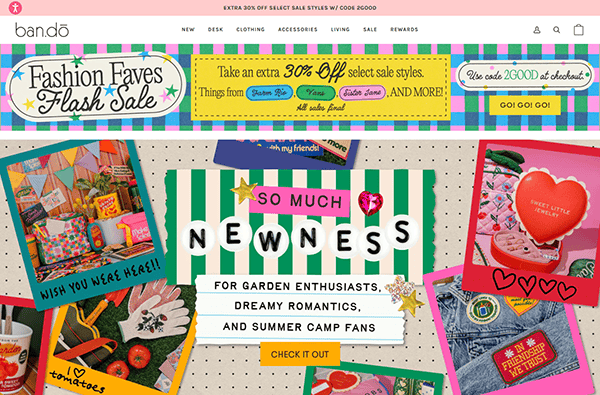 Screenshot of the Ban.do homepage, a standout among the best small business websites, featuring a colorful flash sale banner, discount offers, and promotional images for the "So Much Newness" product collection.