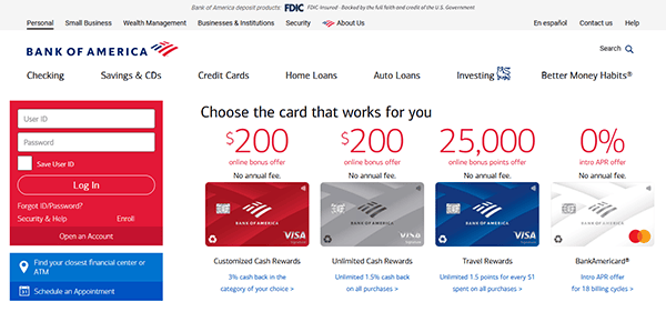 Bank of America login page displaying user ID and password fields, card options with rewards and offers, and main navigation menu at the top—an experience similar to the best mortgage websites.