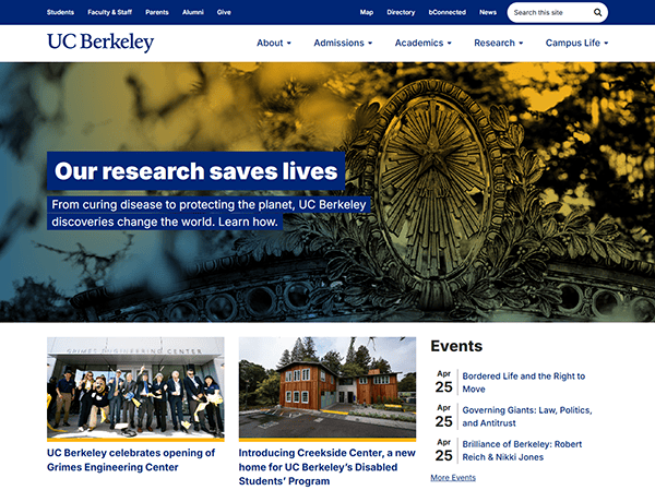 Screenshot of UC Berkeley’s homepage—an example of top school websites—featuring a headline about research impact, navigation menus, news sections, and a list of upcoming events on the right.