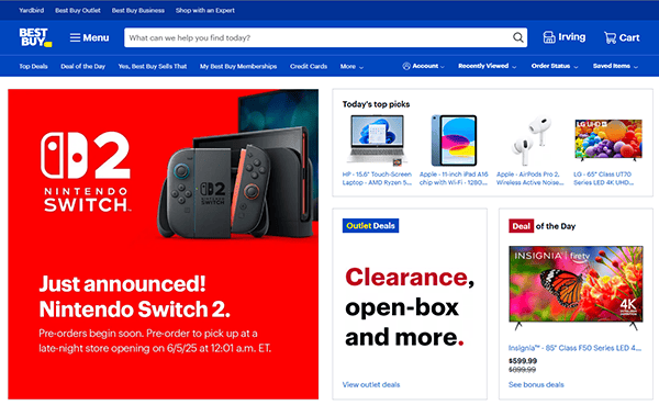 Best Buy homepage featuring a Nintendo Switch 2 announcement. Discover sections for top picks, deals, and clearance items, plus explore our best laptop repair services to keep your devices in top shape.