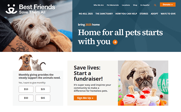 The homepage of Best Friends Animal Society, one of the best pet adoption websites, features a dog, donation options, a fundraising call, and a pug with cupcakes—promoting pet adoption and support for homeless animals.