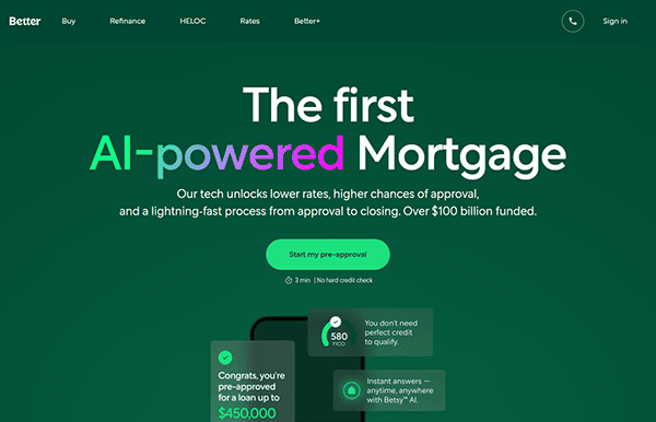 Screenshot of a homepage from one of the top mortgage websites, advertising "The first AI-powered Mortgage" with fast approval, lower rates, $100 billion funded, and a call-to-action to start pre-approval.