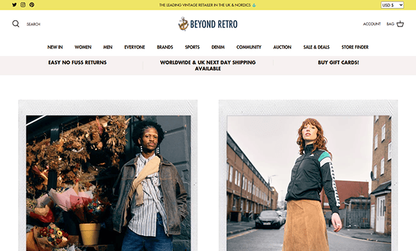Screenshot of the Beyond Retro website homepage featuring two models in vintage clothing; navigation and shopping options are visible at the top, reflecting one of the best vintage clothing websites online.