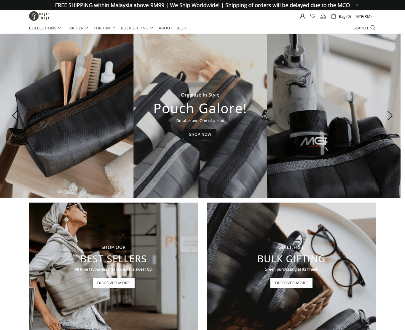 Homepage of one of the best small business websites featuring eco-friendly pouches, bulk gifting options, and best sellers, with navigation menus and promotional shipping banners displayed at the top.