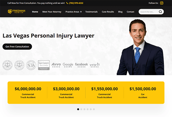 Screenshot of the Friedman Injury Law website—one of the best personal injury websites—showing a personal injury lawyer, firm logo, contact info, awards, and settlement amounts for recent accident cases.