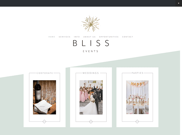 Website homepage for Bliss Events, inspired by the best wedding planner websites. Features three sections: Corporate with wine and glasses, Weddings with a bridal party, and Parties with a decorated table. Navigation links are at the top.