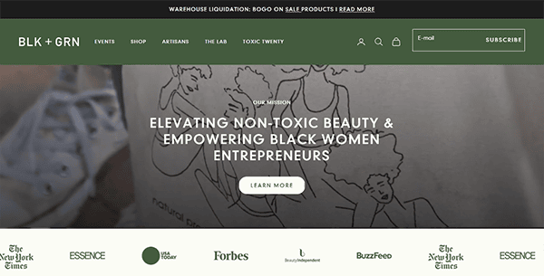 Screenshot of the BLK + GRN website homepage featuring a mission statement about non-toxic beauty and empowering Black women entrepreneurs, showcasing inspiring small business website design and logos of media outlets at the bottom.