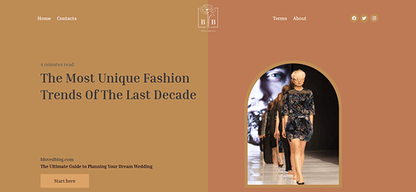 A web page featuring an article titled "The Most Unique Fashion Trends Of The Last Decade," with a runway photo of models walking, navigation links, and a start button—perfect inspiration for wedding websites.