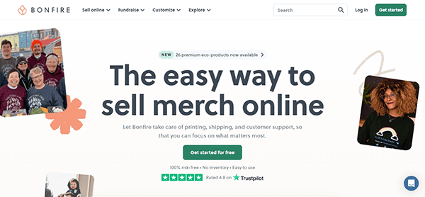 Bonfire website homepage showcasing the headline "The easy way to sell merch online," featuring photos of people wearing custom shirts—a top choice among T-Shirt Design Websites with easy navigation options at the top.