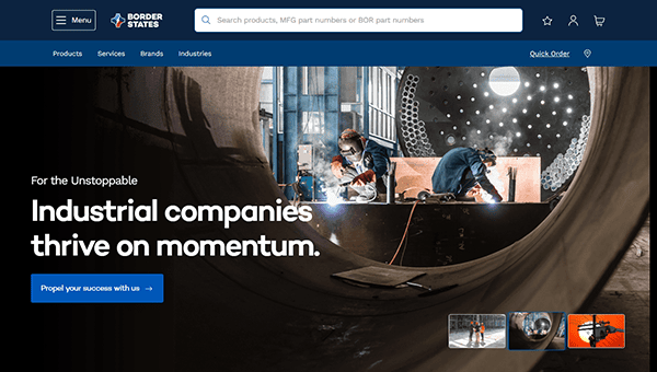 Workers in an industrial setting with machinery and equipment, accompanied by text: "For the Unstoppable: Industrial companies thrive on momentum. Discover the top resources for Industrial Electricians to keep the wheels turning.