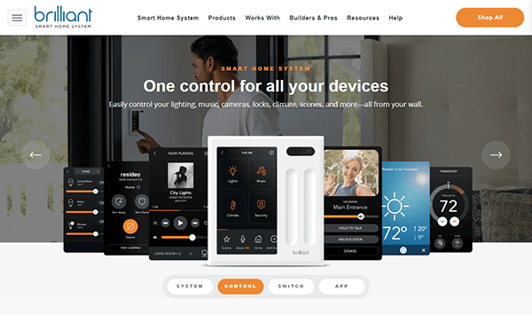 A smart home system interface displays various controls for lighting, music, cameras, locks, climate, and scenes on a central smart panel, reflecting the convenience and innovation seen on the best smart home websites.