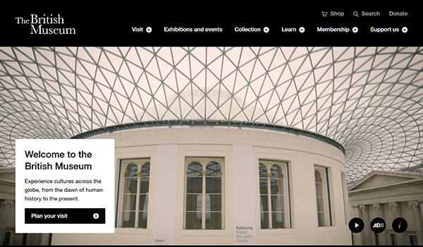Screenshot of The British Museum website homepage, showcasing its modern glass roof and rotunda, with a navigation menu and welcome message—an example of outstanding museum website design inviting visitors to plan their visit.
