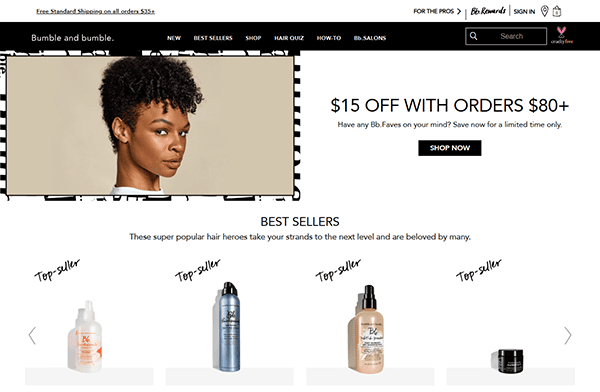 Bumble and bumble’s homepage showcases a $15 off promotion for orders over $80, a woman with short hair, and best seller hair products—offering inspiration for salon websites and those seeking top-notch salon website design.