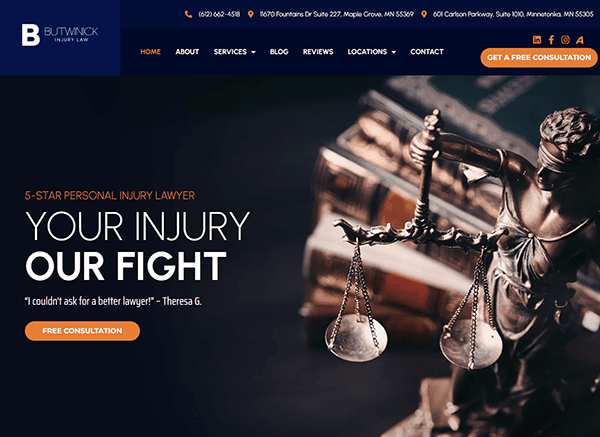 Homepage for a top personal injury website, featuring a statue of Lady Justice, firm contact info, and a call-to-action button for a free consultation.