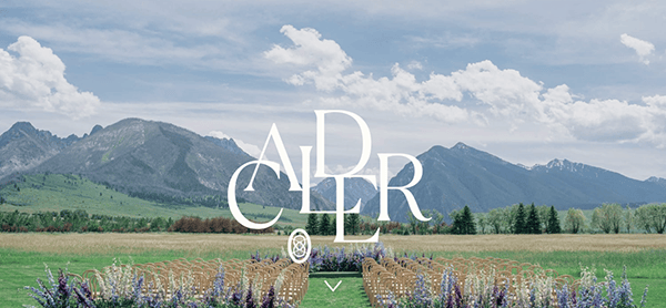 Rows of chairs arranged outdoors facing a floral aisle, mountains, trees, and a partly cloudy sky in the background set the scene—perfect inspiration for wedding planning. "Alder Co." text overlays the view.