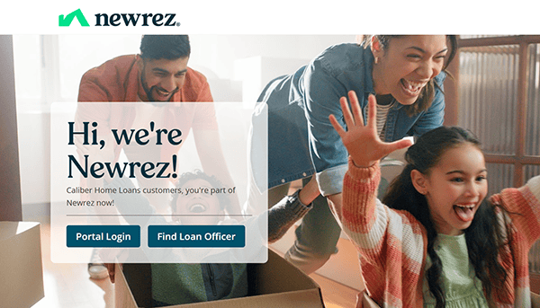 A family plays together indoors; a girl smiles with arms outstretched while an adult pushes a cardboard box. On the left, a Newrez welcome message and login buttons appear—highlighting their presence among the best mortgage websites.