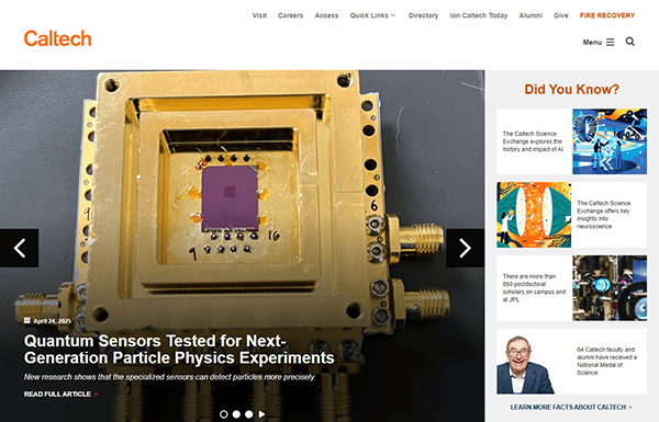 A gold-colored quantum sensor device with a central chip is featured on the Caltech website, illustrating research in next-generation particle physics and exemplifying the innovative imagery found on top school websites.
