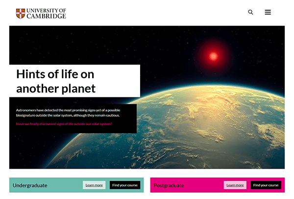 A top school website showcases a university article exploring hints of life on another planet, featuring an image of Earth beside a vivid red celestial body in space.