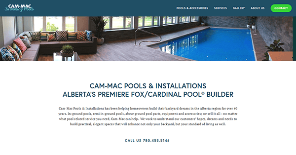 Indoor pool area with lounge seating and decor featured on a website header for CAM-MAC Pools & Installations—showcasing services, contact details, and inspiration from the best pool builders for standout pool builder websites.