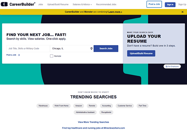 CareerBuilder job search webpage featuring a search bar, options to upload a resume, trending searches, and navigation buttons at the top—one of the best recruiting websites for finding your next opportunity.