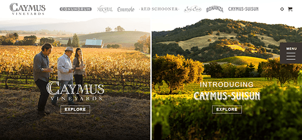 Split image featuring people exploring a vineyard on the left and a sunlit landscape on the right, both showcasing Caymus Vineyards’ branding and navigation—an inspiring example of the best winery websites.