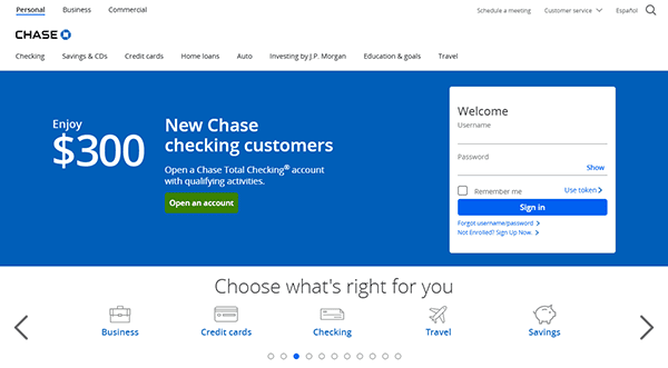 Chase bank homepage featuring a $300 offer for new checking customers, sign-in form on the right, top navigation links, and easy access to mortgage information inspired by the best mortgage websites.