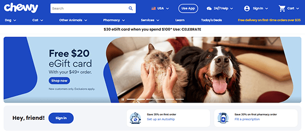 Screenshot of Chewy's homepage, one of the best pet shop websites, featuring a $20 eGift card banner, sign-in prompt, and animal category icons for dog, cat, horse, bird, and small pet.