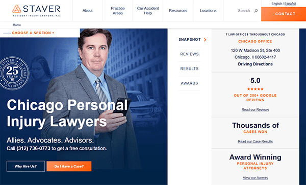A man in a suit stands in front of a blue background on a law firm's website, showcasing "Chicago Personal Injury Lawyers," client reviews, and features that make it one of the best personal injury websites.
