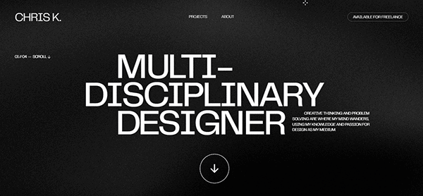 Website homepage with a black background, large white text reading "Multi-Disciplinary Designer," and navigation links for Projects and About at the top—an inspiring example for Personal Portfolio Websites.