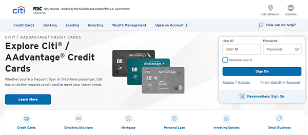 Screenshot of the Citi® / AAdvantage® credit cards webpage, featuring card options, a sign-on box, and navigation links for Citi services—an example of clear layout often seen on the best mortgage websites.