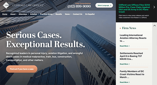 Homepage of Clifford Law Offices featuring skyscrapers, firm contact info, navigation menu, news section, and the headline "Serious Cases. Exceptional Results."—setting a standard among the best personal injury websites.