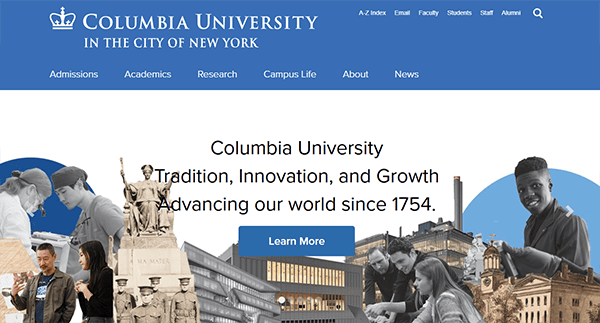 Columbia University website homepage showcases top school website design with the university logo, intuitive navigation, and vibrant images of students and campus, featuring text that highlights tradition, innovation, and growth.