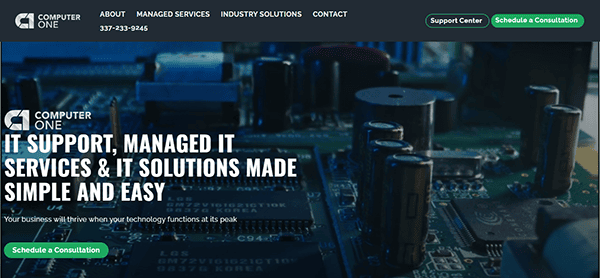 The homepage for Computer One offers top-notch IT support and solutions. Featuring a navigation menu, contact number, and quick links to the support center and consultation scheduling, it stands out among the best laptop repair websites for comprehensive service.