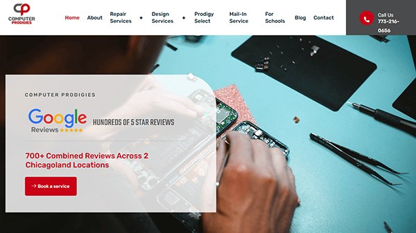 A person meticulously working on electronics with precision tools; an overlay features Computer Prodigies' acclaimed laptop repair website, spotlighting their top-notch repair services and glowing customer reviews.