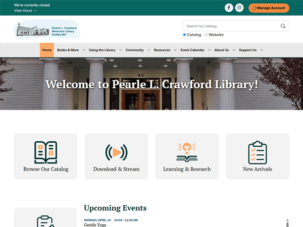 Explore the Pearle L. Crawford Memorial Library's homepage, where you'll find navigation links, a warm welcome message, service icons for catalog browsing and downloading, and a spotlight on exciting upcoming events.