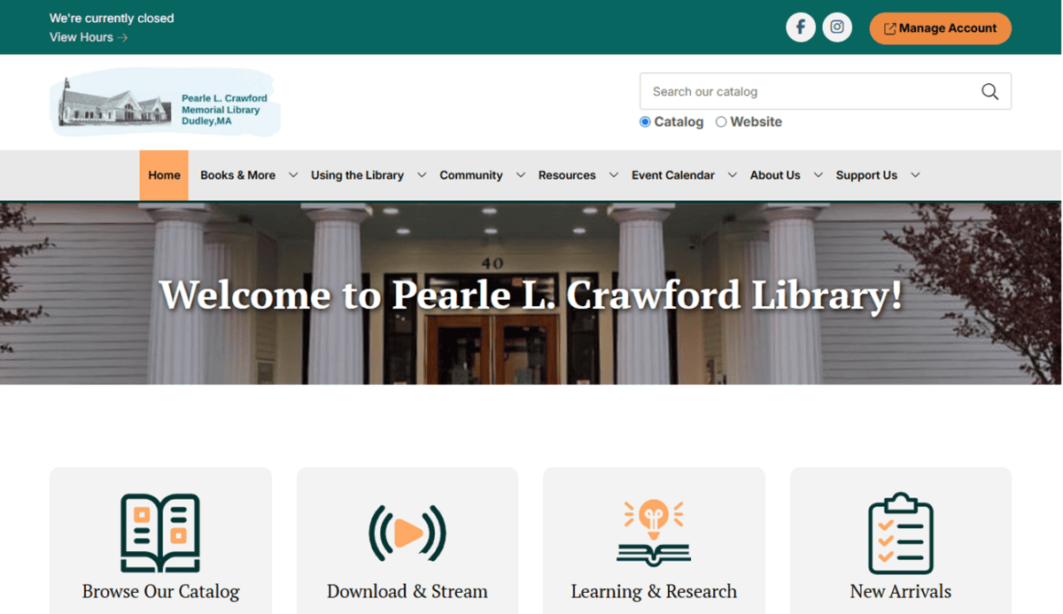 Screenshot of the Pearle L. Crawford Memorial Library website homepage, showcasing browsing options, upcoming events, and new arrivals with book cover images at the bottom.